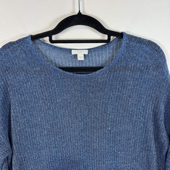 J. Jill Women's Blue Linen 3/4 Sleeve Sweater Size Medium Beach Boho Mesh - Picture 2 of 9